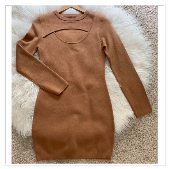 Monrow Dresses & Skirts - Monrow Supersoft Sweater Knit Cut Out Dress Long Sleeve Tan Brown Size Small